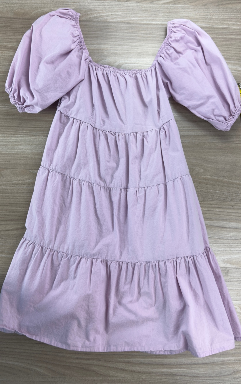 Women's Pink Smocked Tiered Mini Dress Size S Puff Sleeve Cottagecore Boho Lilac